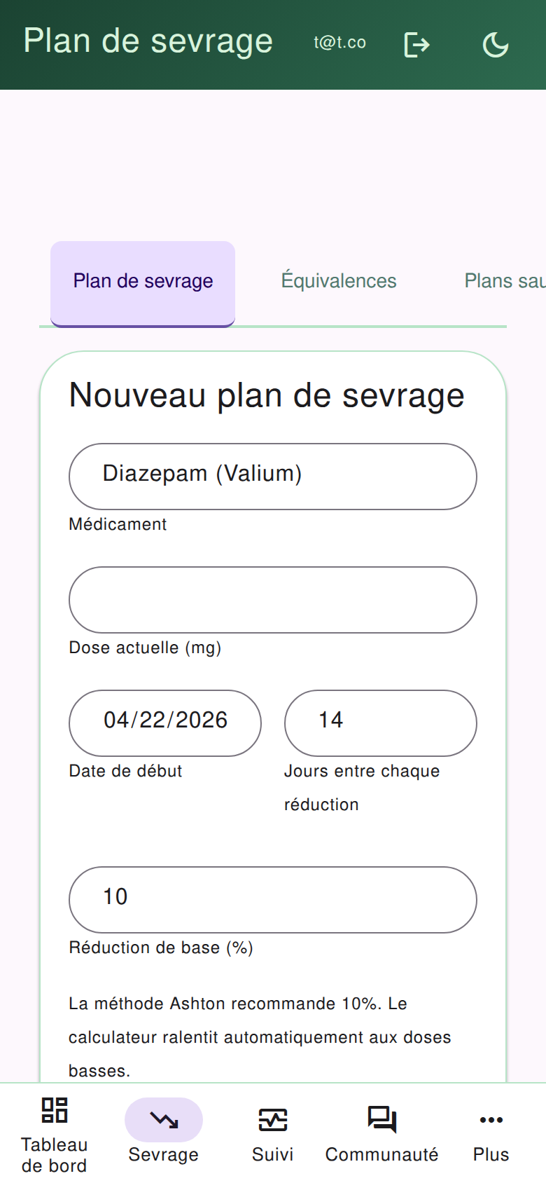 Calculateur de sevrage avec calendrier de paliers
