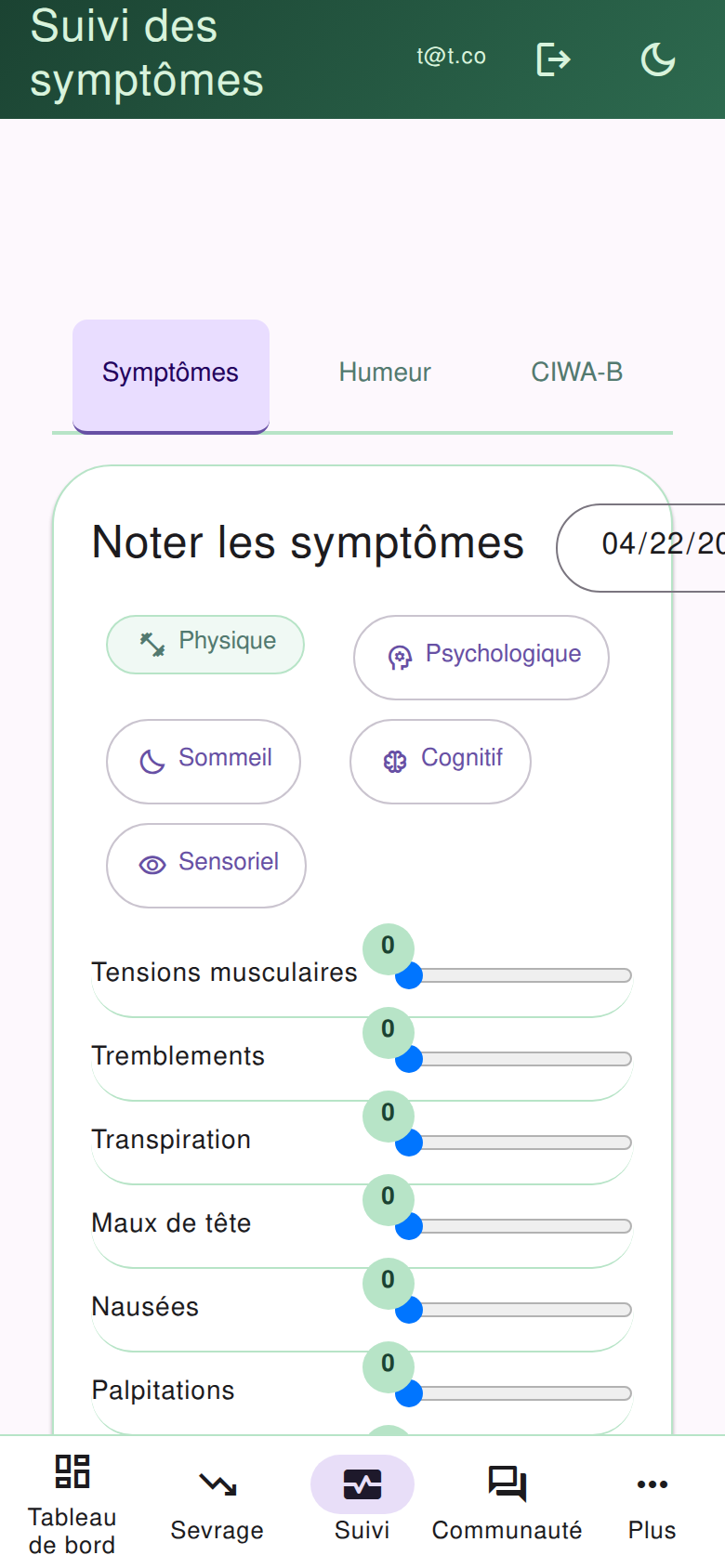 Suivi des symptômes avec graphiques